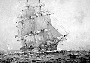 Eines der Schiffe der First Fleet. Gemälde von John Allcot