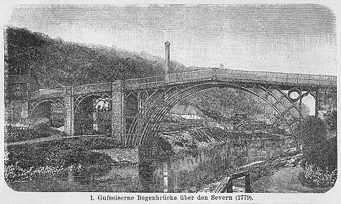 Darstellung der Gusseisenbrücke über den Severn bei Ironbridge (um das Jahr 1900)