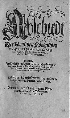 Titelblatt des Drucks des Augsburger Reichs- und Religionsfriedens